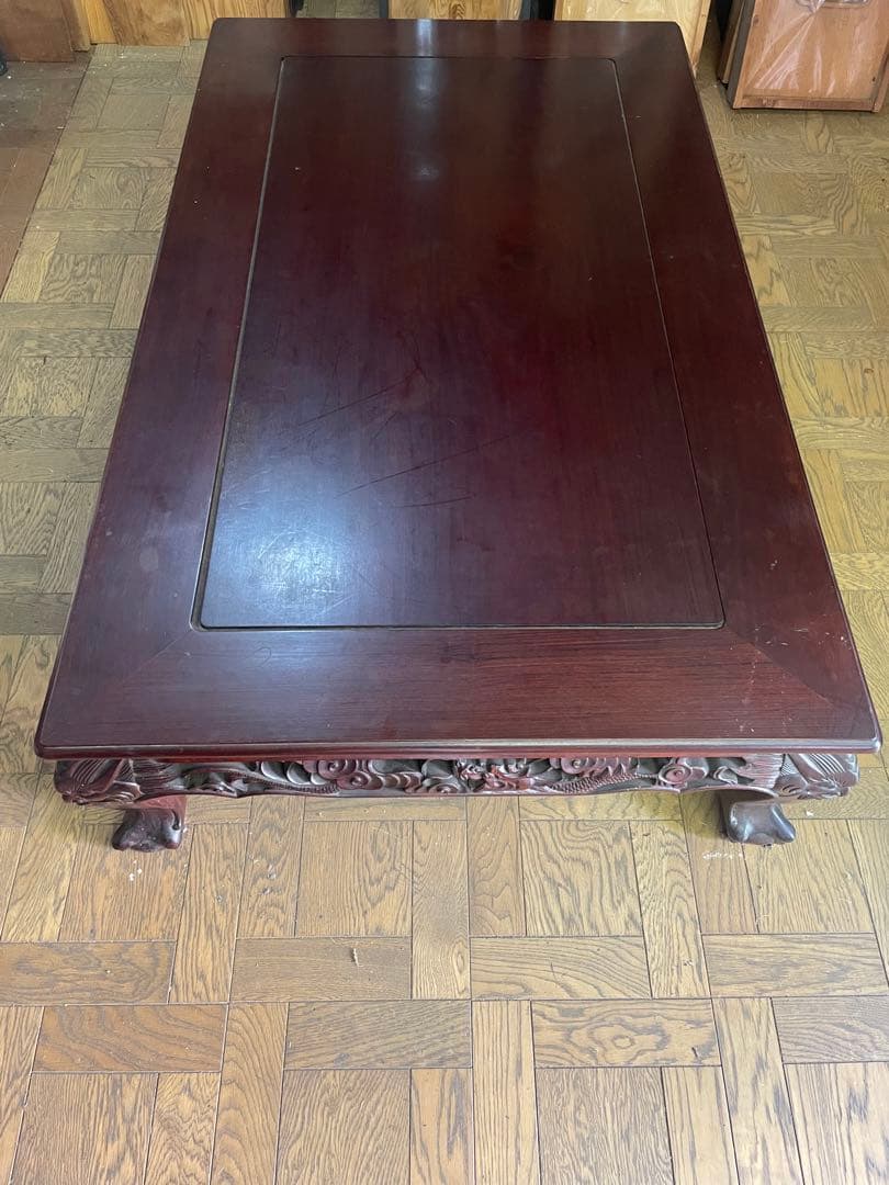 高級唐木　獅子龍彫刻付き漆仕上げ長座卓　150センチ幅テーブル一枚板　座卓