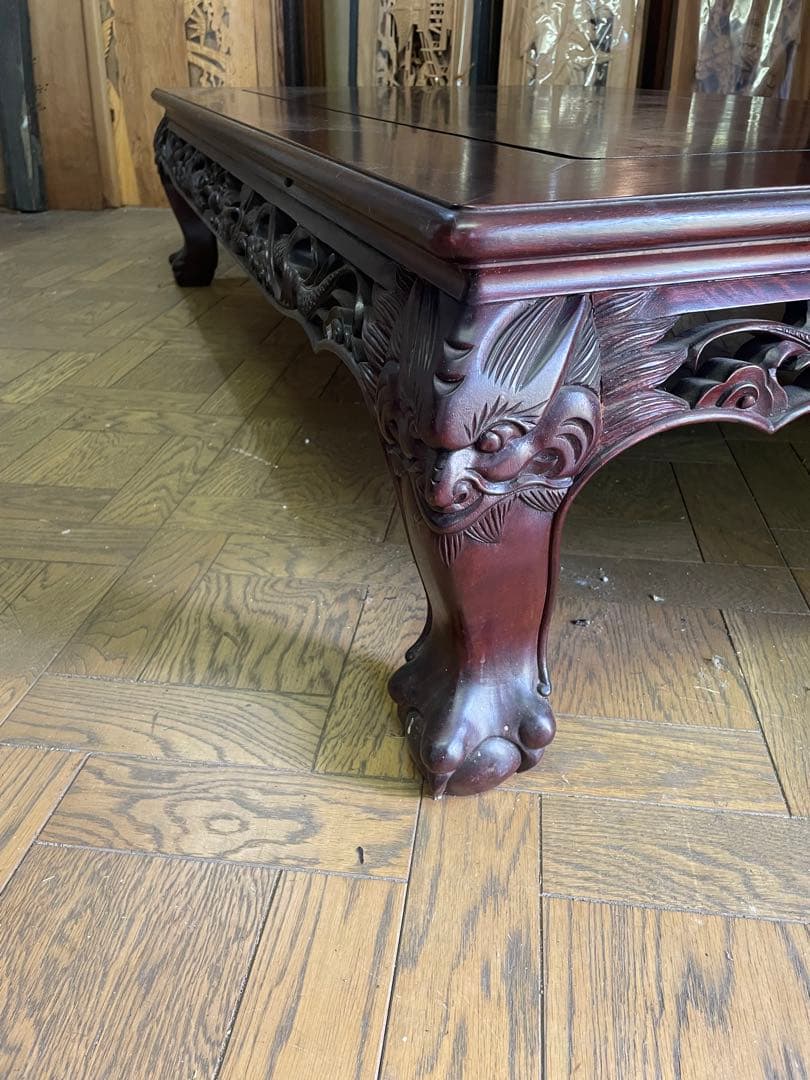 高級唐木　獅子龍彫刻付き漆仕上げ長座卓　150センチ幅テーブル一枚板　座卓