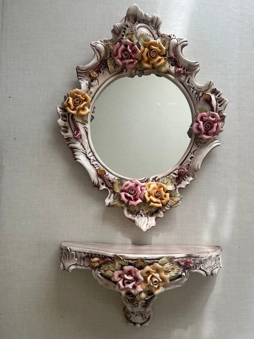 イタリア製 アンティーク ロココ調 壁掛け鏡　コンソール　カポディモンテ ２点