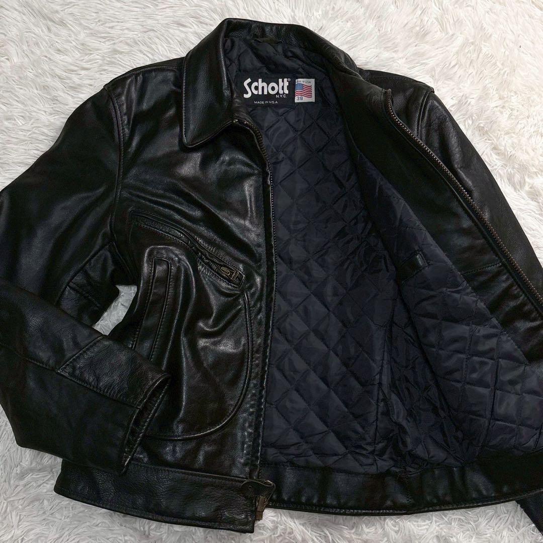 L相当 ⭐️schott 637 レザージャケット　キルティング　Dポケット　黒