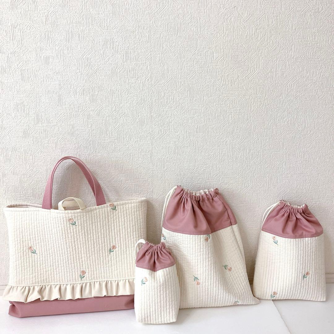 レッスンバッグ 体操服袋　上履き袋　コップ袋　ヌビ　チューリップ刺繍