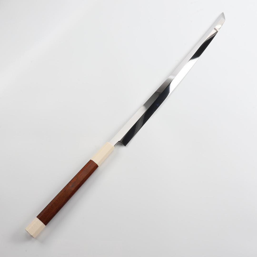 7944マグロ包丁両刃鏡面仕上げ 鞘付刃渡700mm刺身包丁スネークウッド八角柄