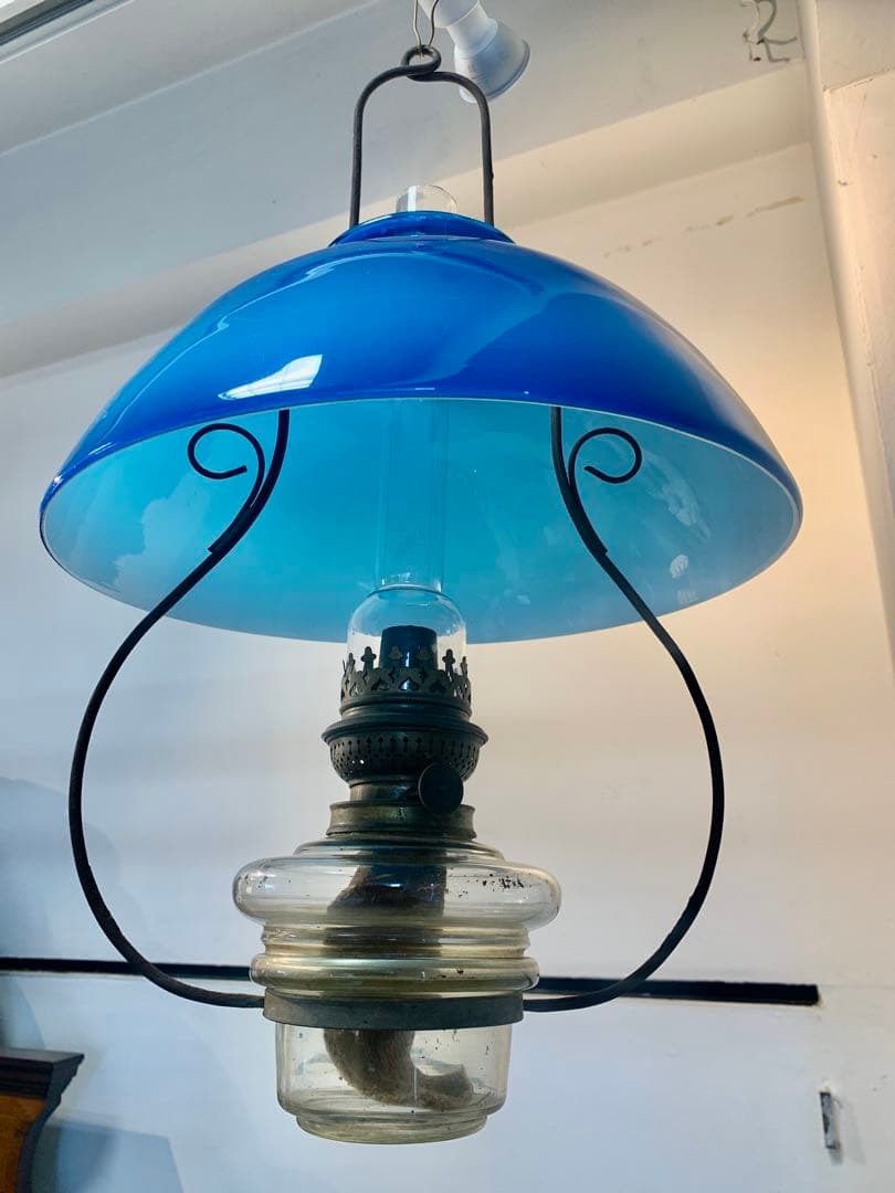 オイルランプ　和ガラス　ブルーガラス　当時もの　可動品　電笠　大正　昭和レトロ