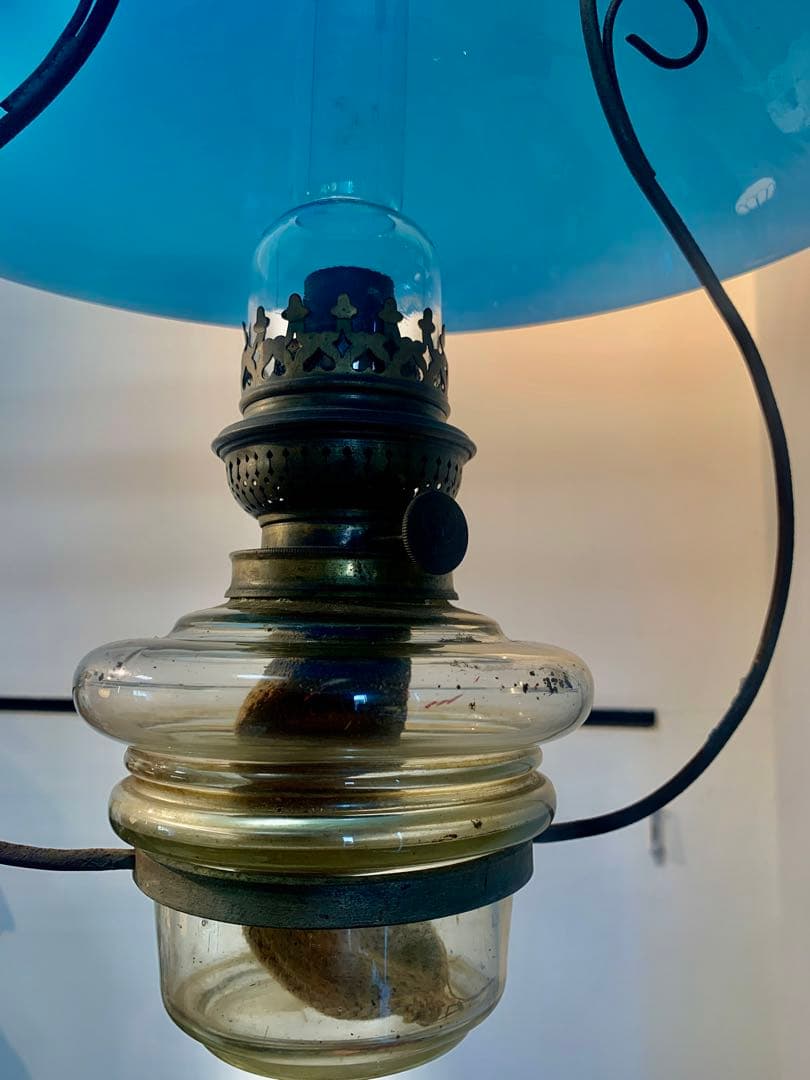 オイルランプ　和ガラス　ブルーガラス　当時もの　可動品　電笠　大正　昭和レトロ