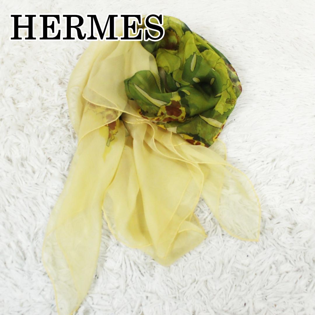 激レア 極美品 エルメス スカーフ 花柄 大判 薄手 イエロー HERMES