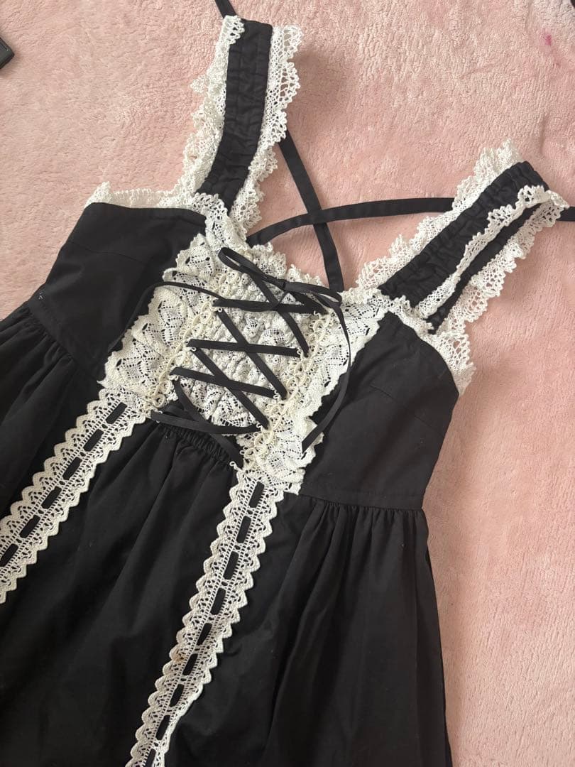 BABY ベビードールジャンパースカート 黒×オフ白 リボンコームつき