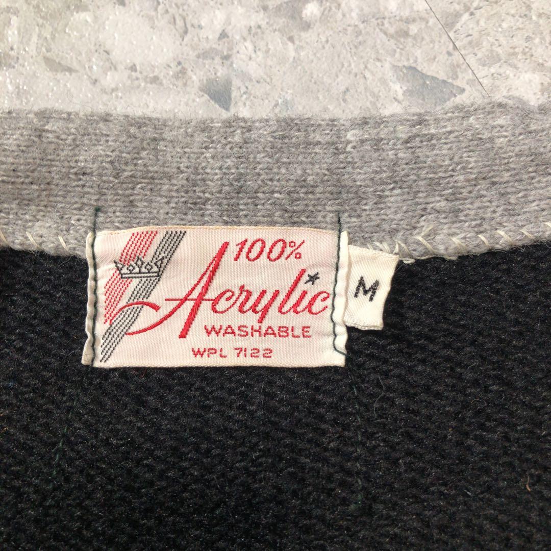 70s ヴィンテージ　アクリルカーディガン　ストライプ　ブラック　モノ