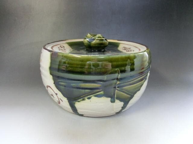 水指■織部焼き 緑釉 涙痕 大振り 大きい 平水指 陶器 お茶道具 時代物骨董■