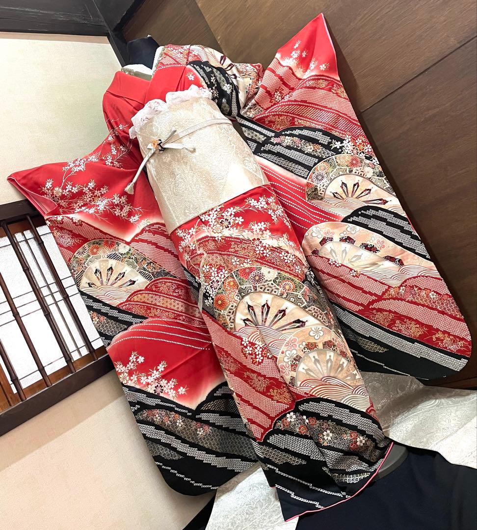 振袖 フルセット6点サイズM〜Ｌ駒刺繍　立波吉祥花文　暈し染め　金銀彩　正絹