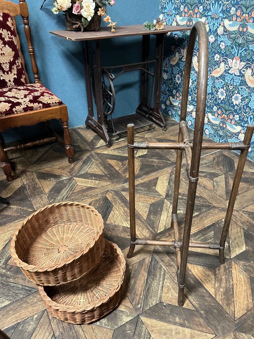 はるなな＊籐 ラタン 2段 バスケット かご インテリア 昭和レトロ