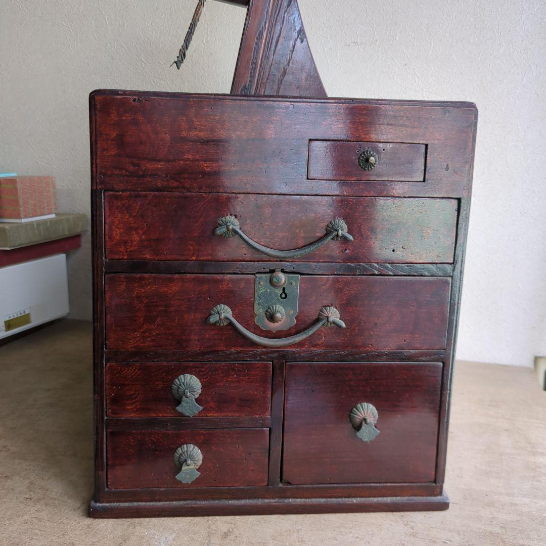 骨董 箪笥 鏡台 引き出し 木製 漆器 鏡立て 時代鏡付 整理箪笥 金具