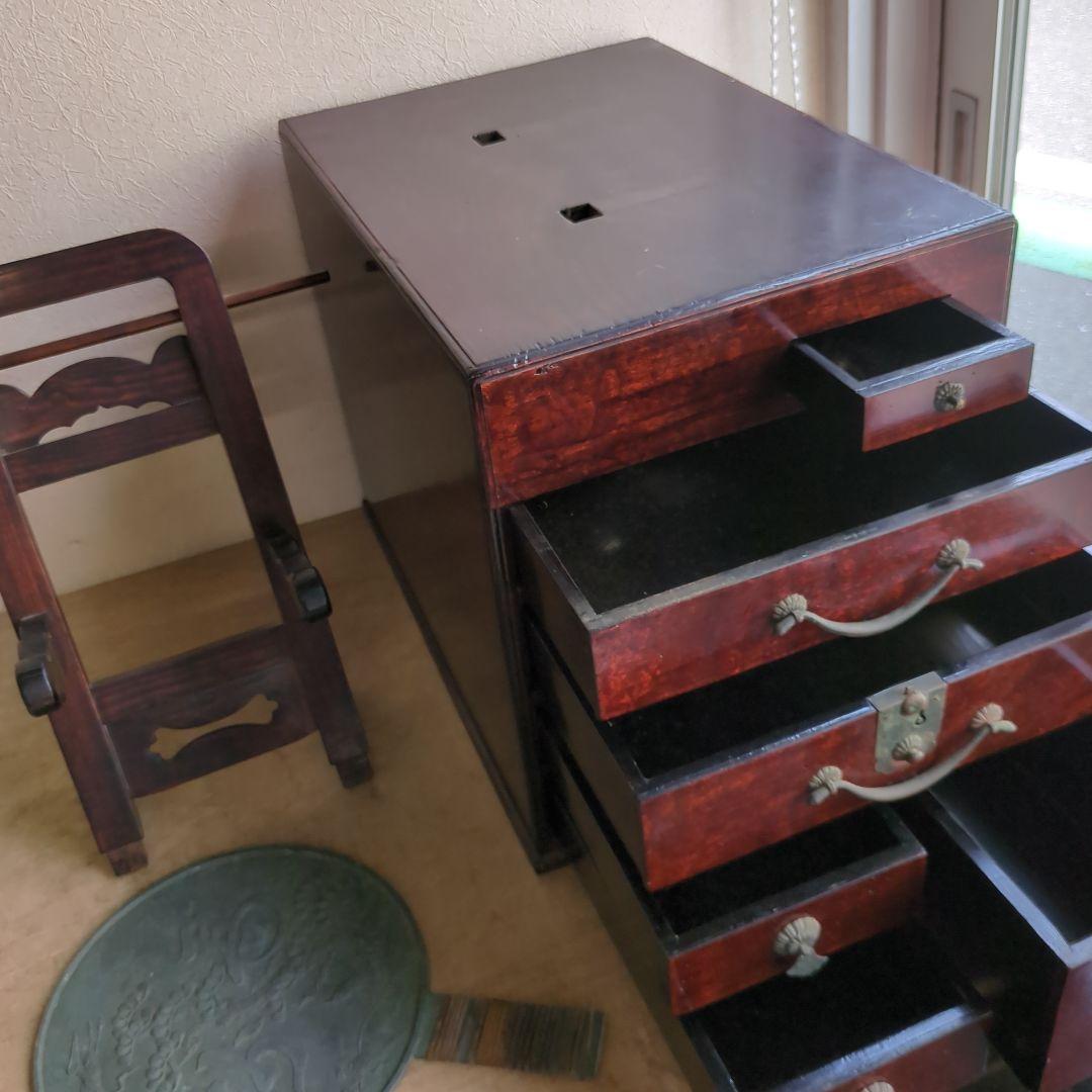 骨董 箪笥 鏡台 引き出し 木製 漆器 鏡立て 時代鏡付 整理箪笥 金具