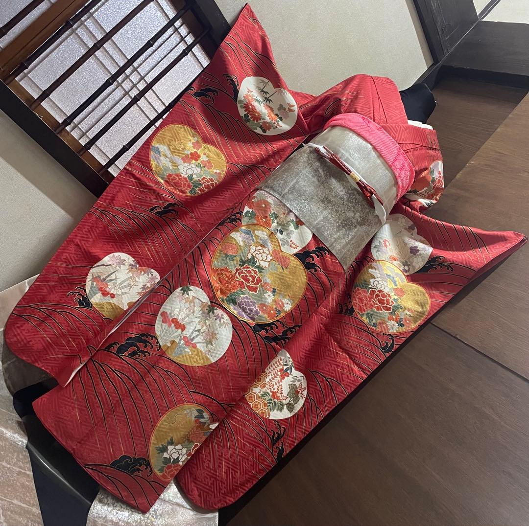 振袖 フルセット6点サイズM〜Ｌ駒刺繍　松竹梅立波花文　金彩　正絹