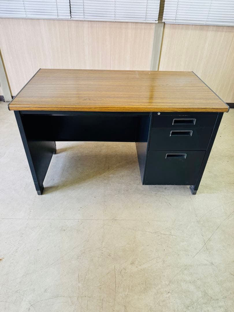福岡発 テーブル 事務机 スチール ブラウン系 収納 引き出し 120cm木目調