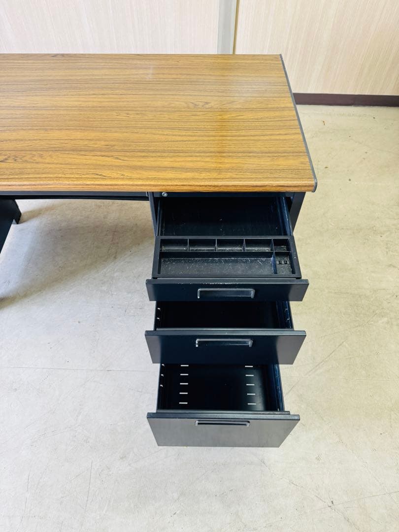 福岡発 テーブル 事務机 スチール ブラウン系 収納 引き出し 120cm木目調