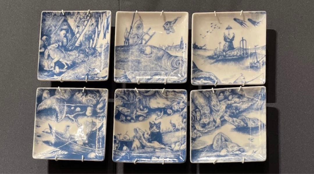 ヒグチユウコ展　babel　大きな魚は小さな魚を食う　角皿　6枚セット　青