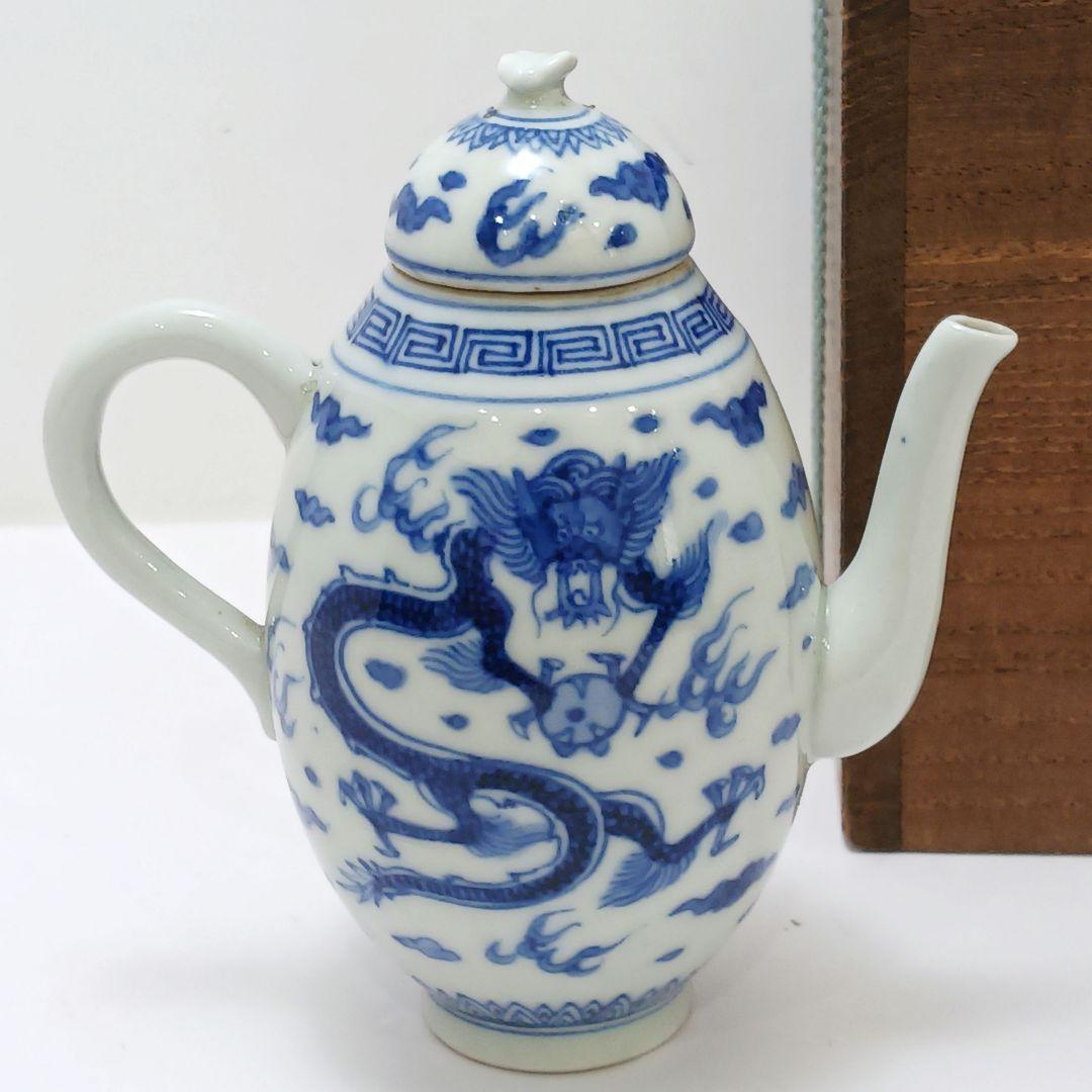 Y2466 清代唐物 新渡 古染付龍細密絵付急須 水注 萬歴年製　ma ten