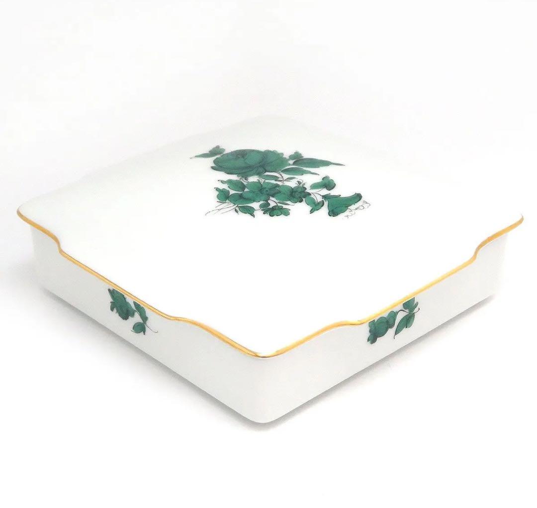 アウガルテン 小物入れ マリアテレジア 緑色のバラ 磁器 金彩【中古】