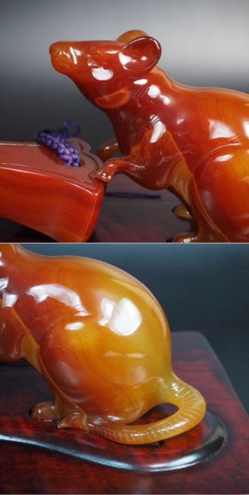 送料無料　名工土橋正市作　極上瑪瑙彫刻鼠置物 共箱・作歴・証明書　縁起物