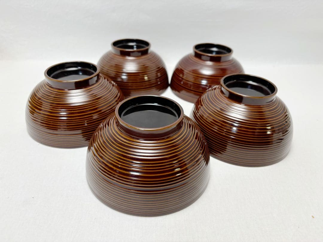 ほぼ未使用 懐石道具 張間麻佐緒作 輪島塗 木製朱竹蒔絵 煮物椀5客千筋共箱