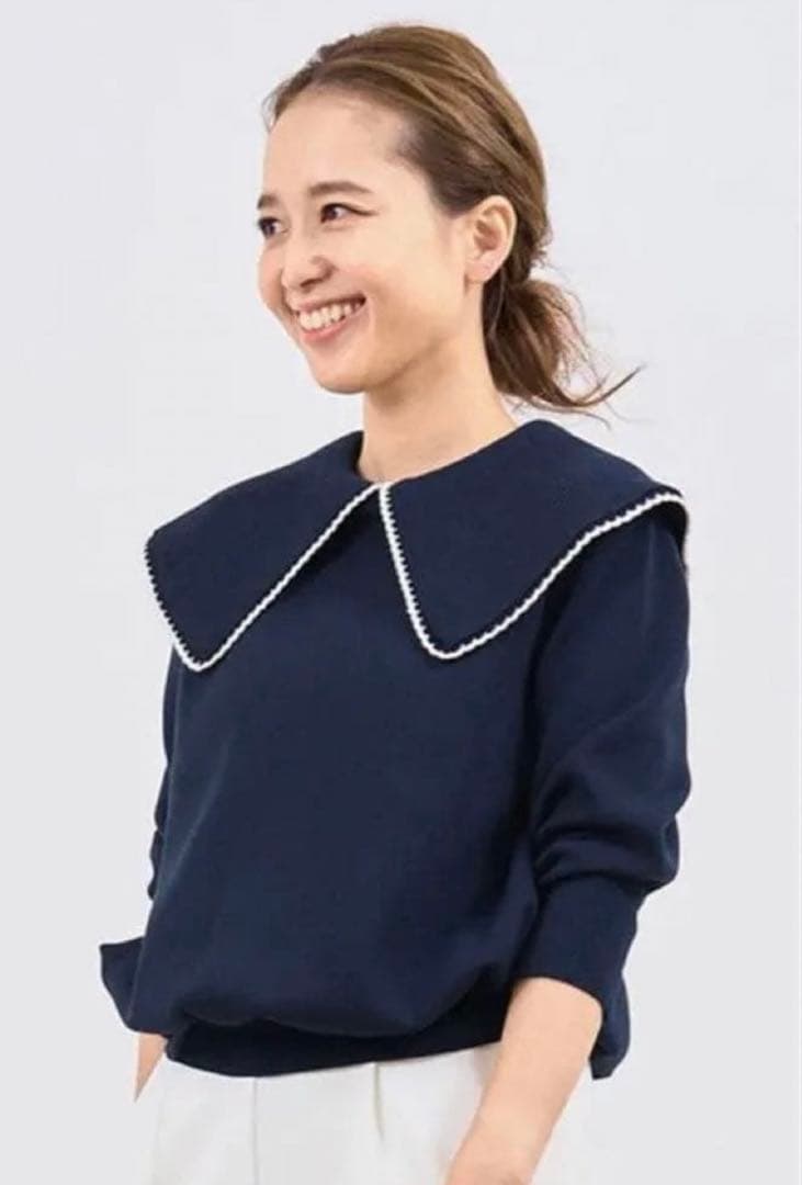 yori コットン刺繍カラーニット　ネイビー