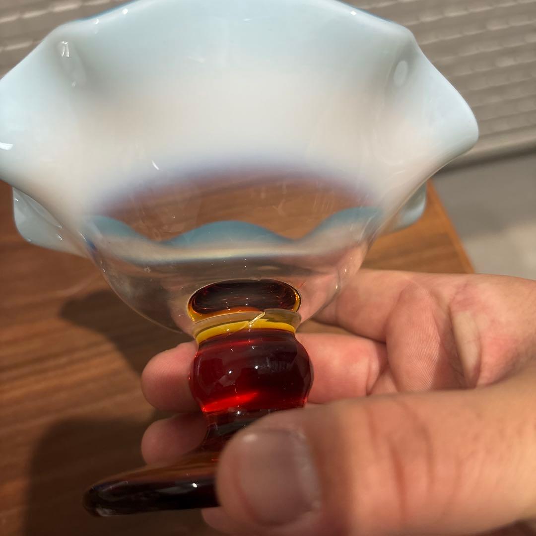 氷コップ 三色 手吹き ガラス 乳白色 レトロ 色付き脚 セット