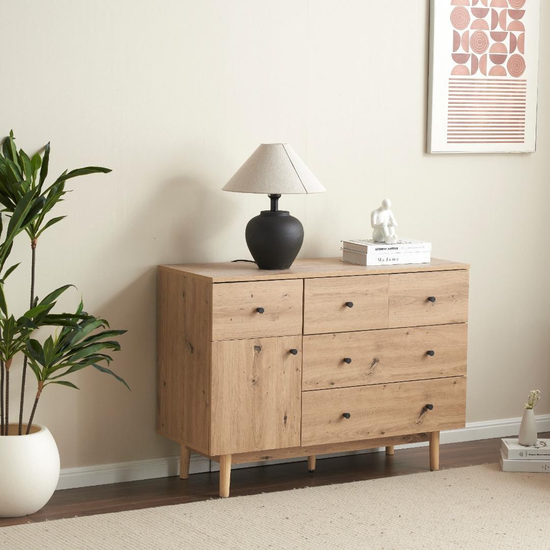 人気販売中！大容量サイドボード 引き出し5杯 リビングボード 洋服NATURAL
