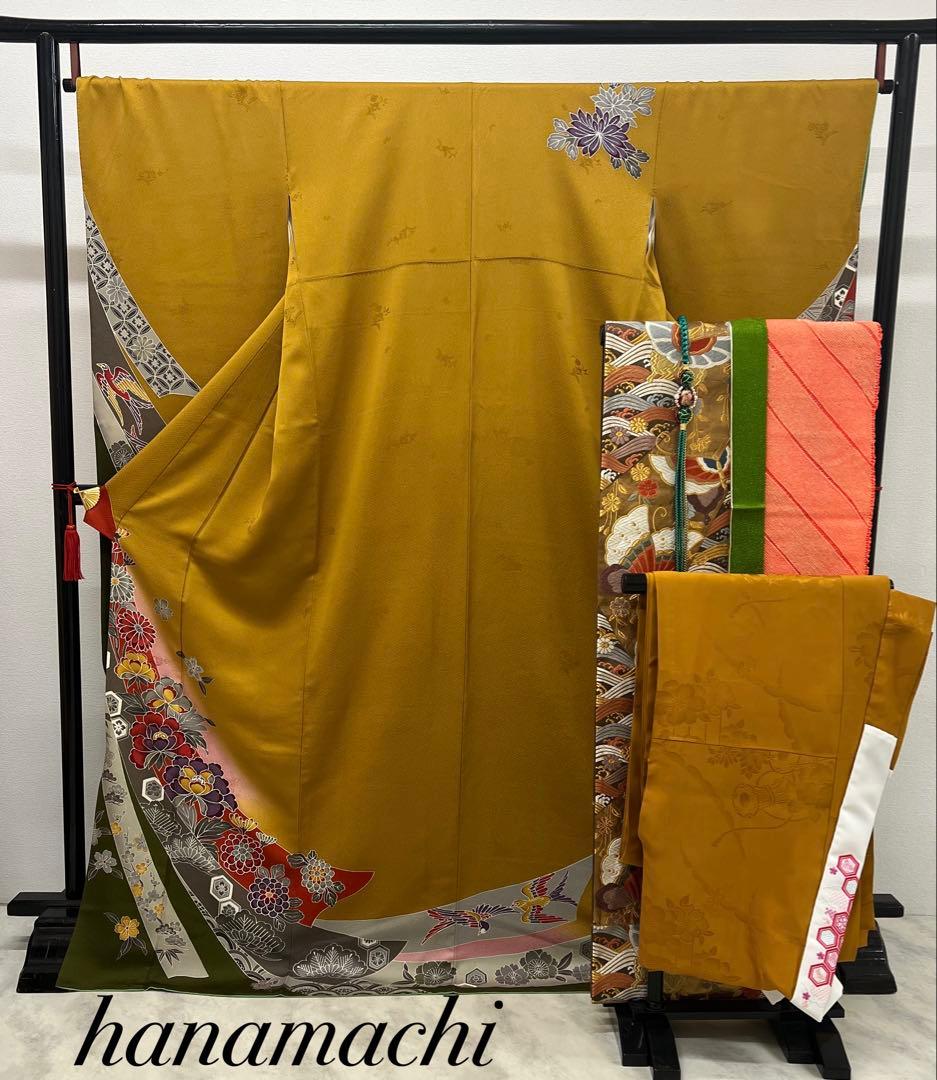 振り袖　フルセット　別誂長襦袢　美品　紅型　辛子色　成人式　結婚式　762