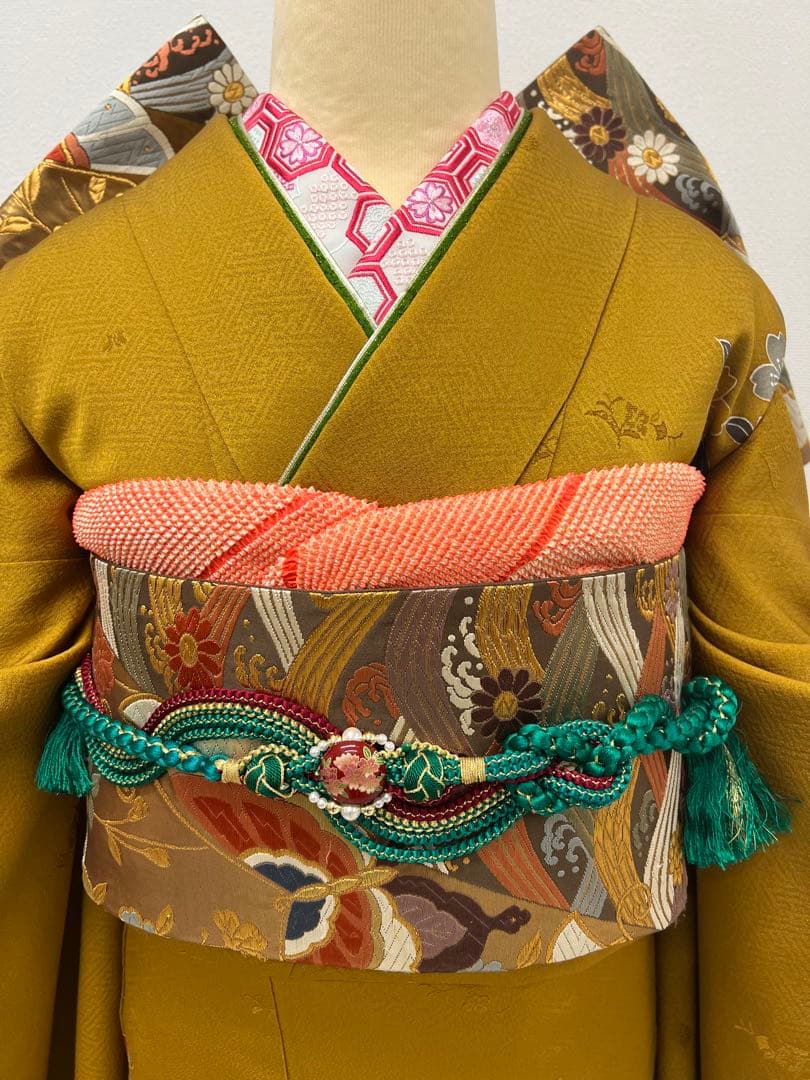 振り袖　フルセット　別誂長襦袢　美品　紅型　辛子色　成人式　結婚式　762