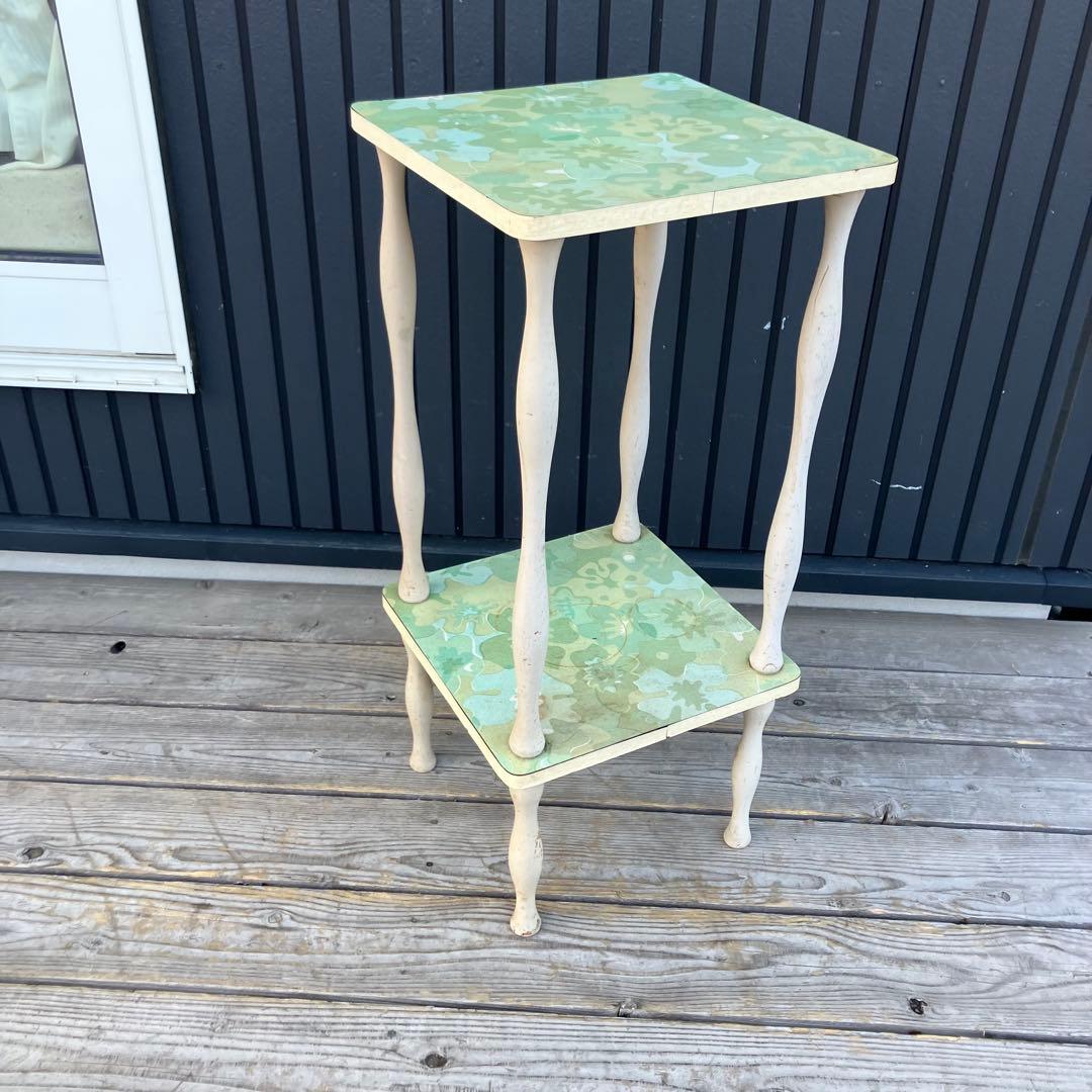 昭和レトロ ミッドセンチュリー 花柄2段木製ラック サイドテーブル 飾り棚 花台