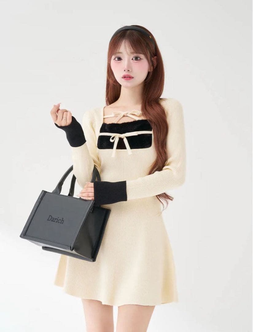 Darich リボンファーフレアニットミニワンピース ホワイト