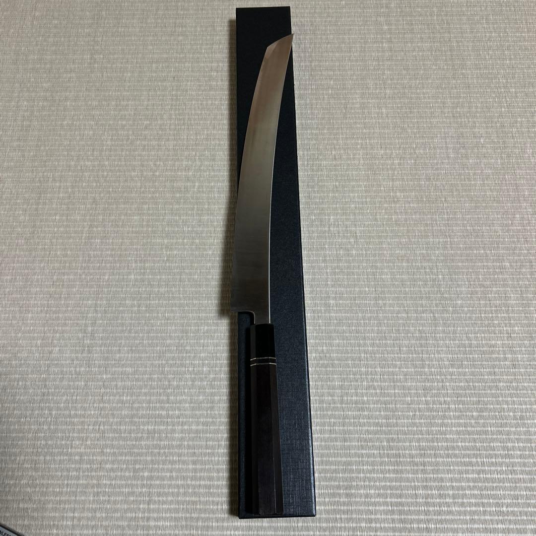 鬼反り　尺二　先丸柳刃　包丁　和包丁　黒檀黒水牛八角柄　箱付き