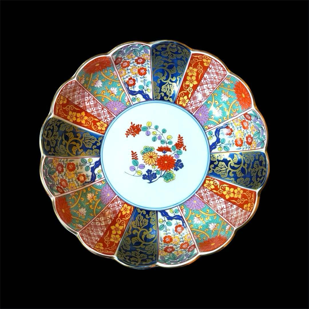 【美品】有田焼　清秀　元禄古伊万里　大鉢　輪花盛鉢　金彩色絵染錦　深皿　金襴手