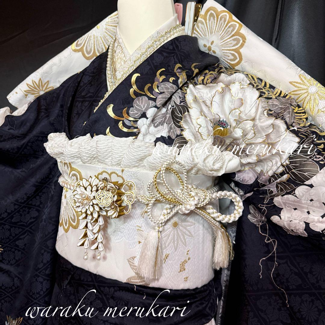 濃紺振袖◾️牡丹乱菊紋◾️古典柄◾️新品フルオーダー◾️正絹◾️金糸古典柄金糸袋帯◾️成人式