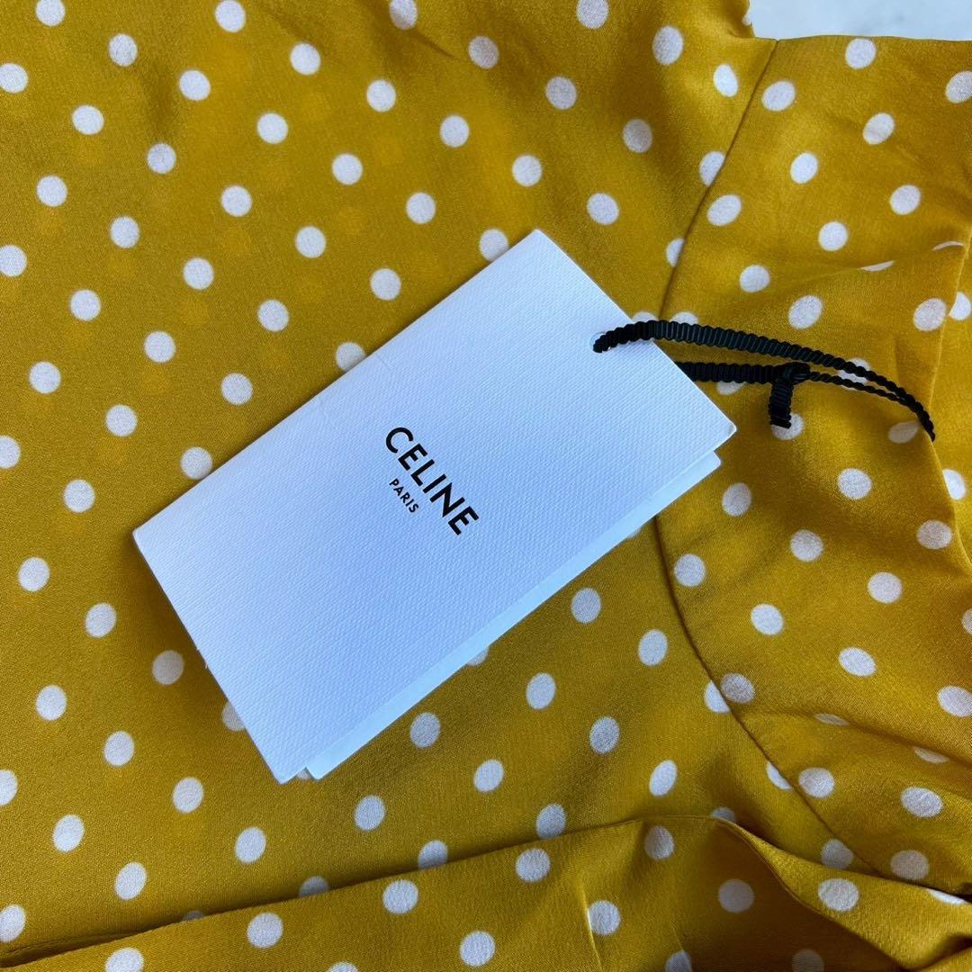 タグ付 CELINE 現行タグ シルク ドット ボウタイブラウス イエロー 36