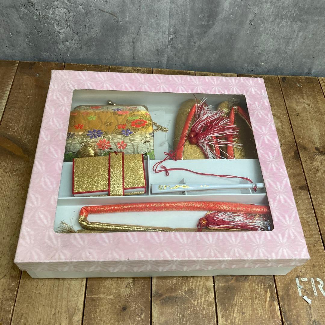 【豪華5点セット】七五三 御祝帯・和装小物セット（金・朱赤・花柄）