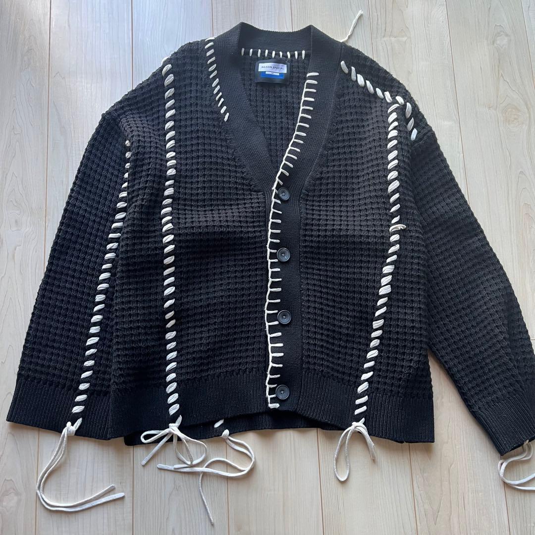 【完売】鬼ワッフルクレイジーステッチプライムオーバーVネックカーディガン 黒　L