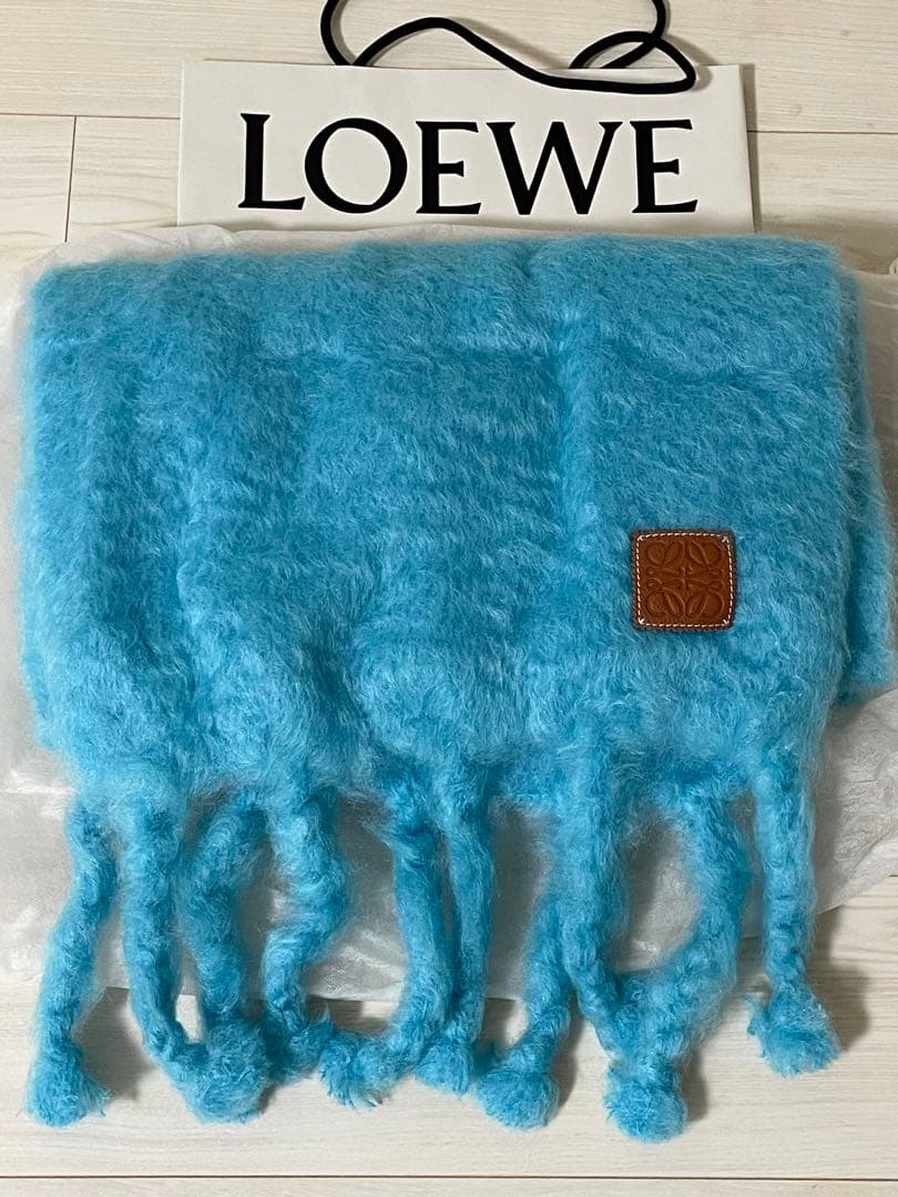 【未使用】LOEWE モヘアウールスカーフ アナグラム ターコイズブルー