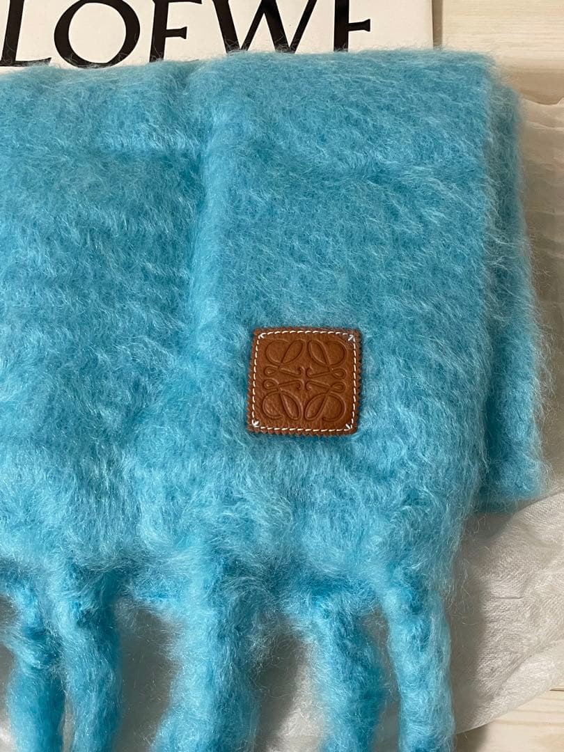 【未使用】LOEWE モヘアウールスカーフ アナグラム ターコイズブルー