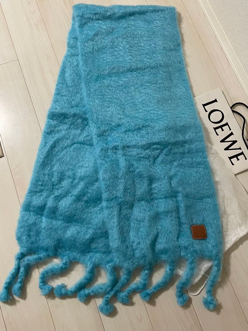 【未使用】LOEWE モヘアウールスカーフ アナグラム ターコイズブルー