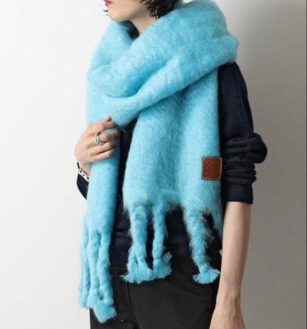 【未使用】LOEWE モヘアウールスカーフ アナグラム ターコイズブルー