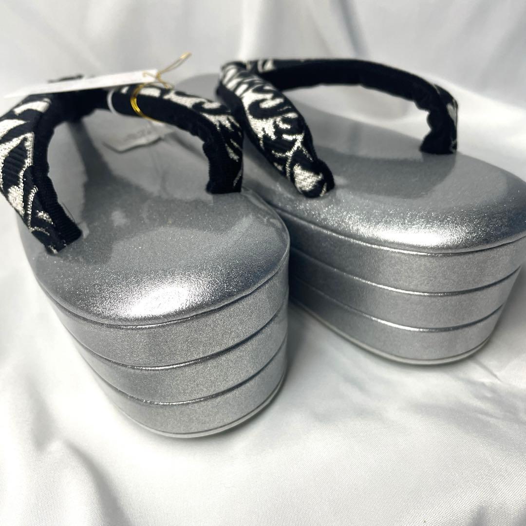 新品　最新作　振袖用　草履　バッグ　セット　黒シルバー　モダン　Lサイズ　正絹