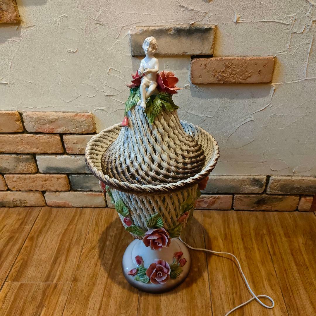 希少 激レア アールヌーヴォー アンティークランプ 陶器 エンジェル 天使 薔薇