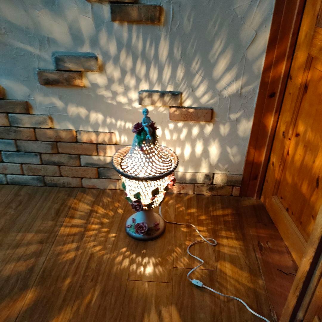 希少 激レア アールヌーヴォー アンティークランプ 陶器 エンジェル 天使 薔薇