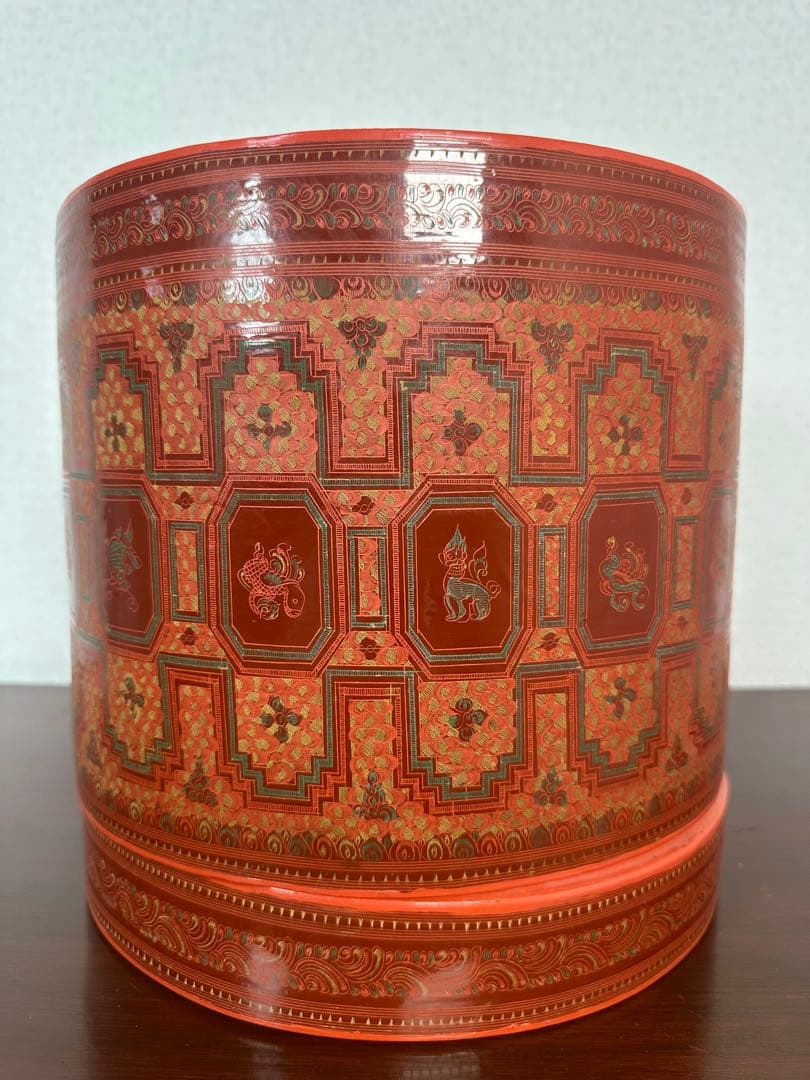 ミャンマー アンティーク 漆器 蒟醤 ビルマ 細密画 入れ子容器 ※31※