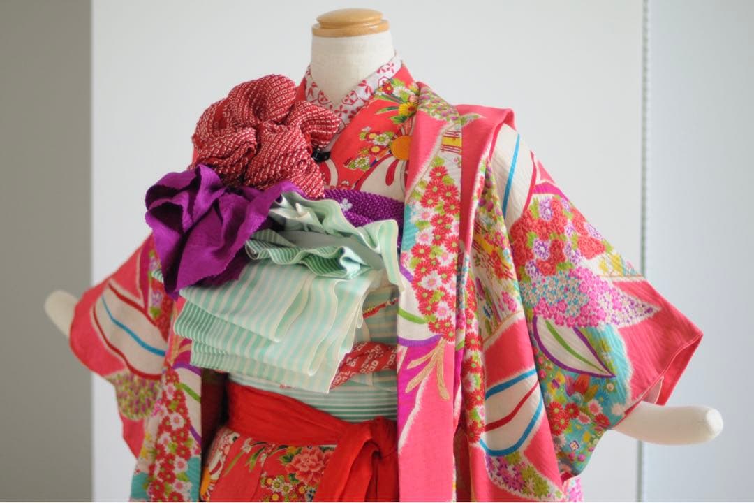 七五三 女の子 3歳 5歳 7歳 アンティーク 着物 羽織 正絹 ピンク