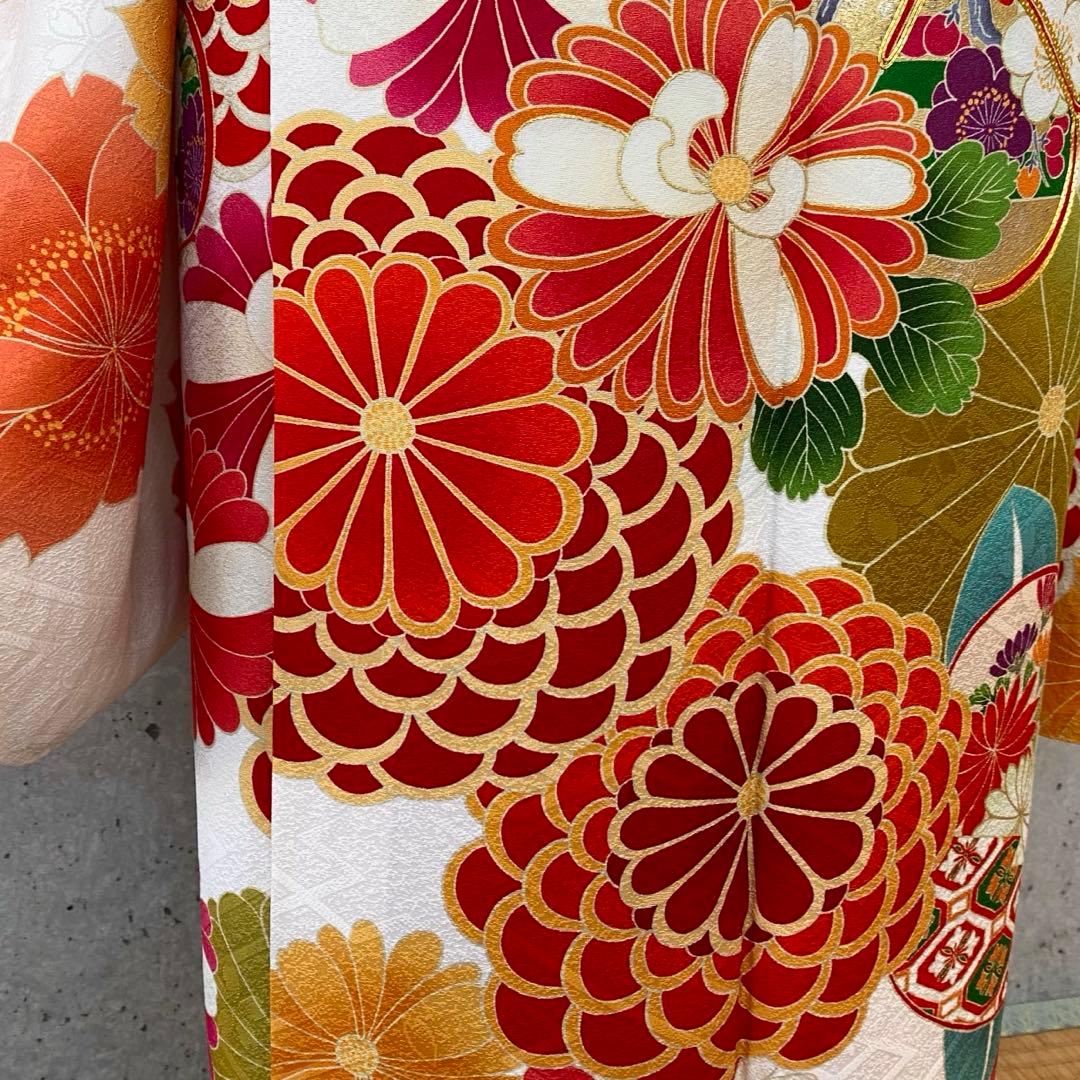 【着物+帯】正絹　振袖　白系　金駒　ガード　袷