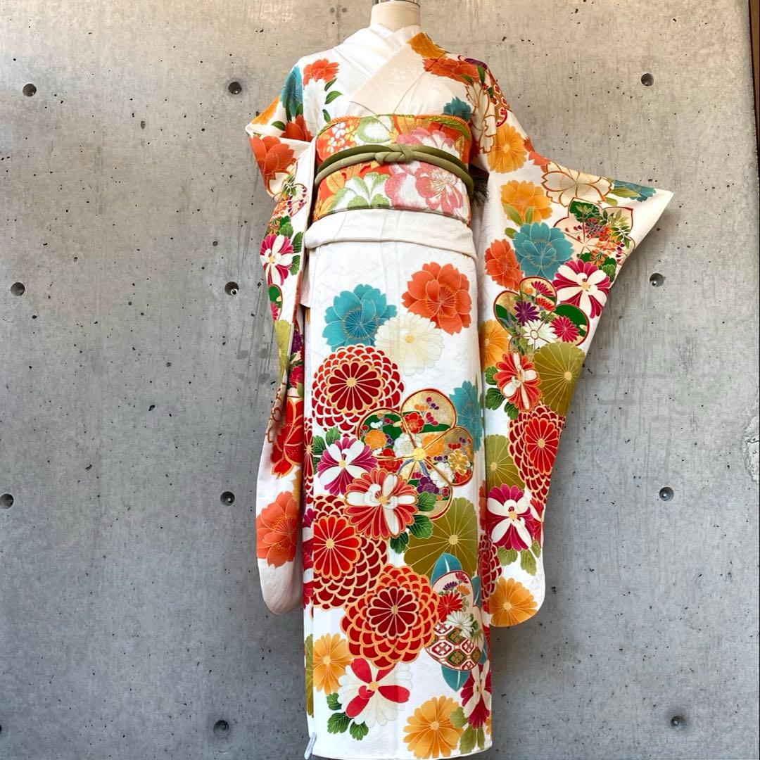 【着物+帯】正絹　振袖　白系　金駒　ガード　袷