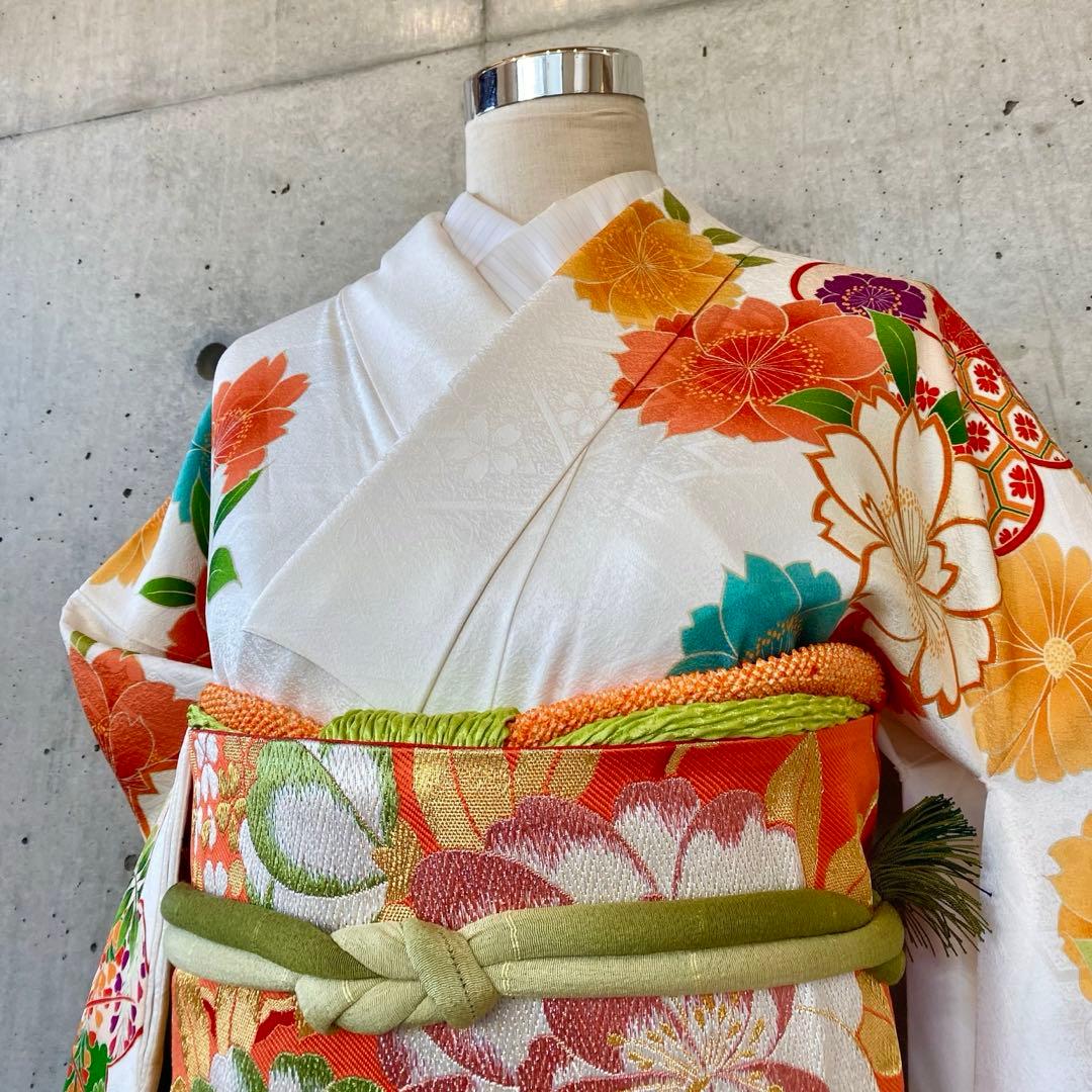 【着物+帯】正絹　振袖　白系　金駒　ガード　袷