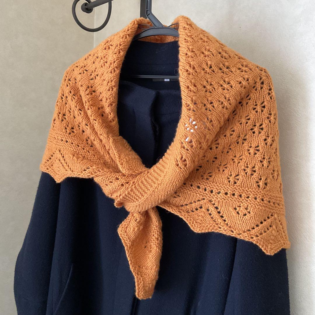 オレンジ レース編み ショール　ハンドメイド
